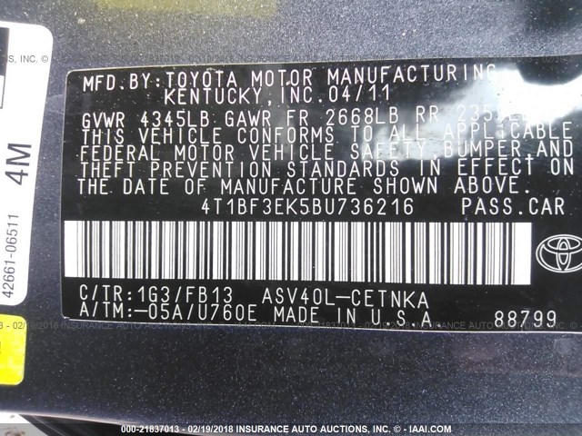 4T1BF3EK5BU736216 - 2011 TOYOTA CAMRY SE/LE/XLE GRAY photo 9