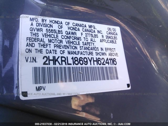 2HKRL1869YH624116 - 2000 HONDA ODYSSEY EX GRAY photo 9