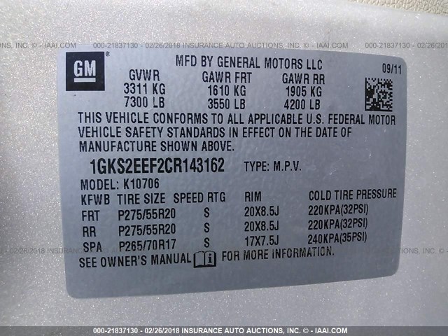 1GKS2EEF2CR143162 - 2012 GMC YUKON DENALI CREAM photo 9