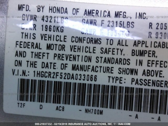 1HGCR2F52DA033066 - 2013 HONDA ACCORD SPORT 银色 照片 9