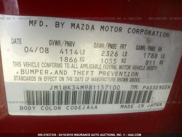 JM1BK34M981157100 - 2008 MAZDA SPEED 3 RED photo 9