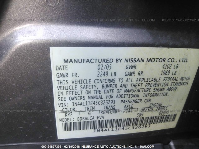 1N4AL11E45C326293 - 2005 NISSAN ALTIMA S/SL GOLD photo 9