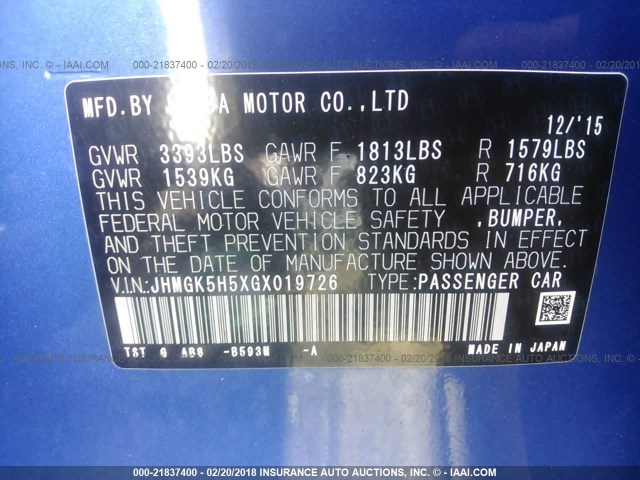 JHMGK5H5XGX019726 - 2016 HONDA FIT LX أزرق صورة 9