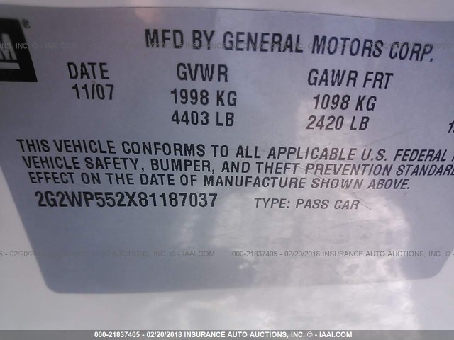 2G2WP552X81187037 - 2008 PONTIAC GRAND PRIX 白色 照片 9