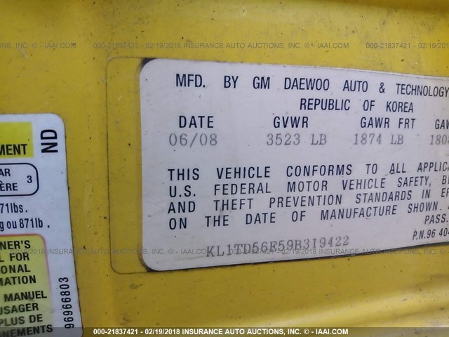 KL1TD56E59B319422 - 2009 CHEVROLET AVEO LS/LT YELLOW photo 9