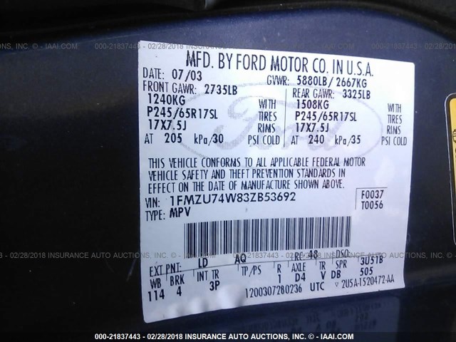 1FMZU74W83ZB53692 - 2003 FORD EXPLORER EDDIE BAUER BLUE photo 9