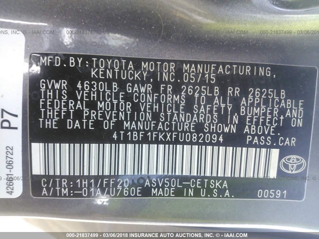 4T1BF1FKXFU082094 - 2015 TOYOTA CAMRY LE/XLE/SE/XSE Gris photo 9
