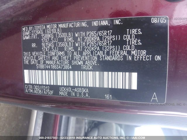 5TBBT44186S473864 - 2006 TOYOTA TUNDRA ACCESS CAB SR5 BURGUNDY photo 9