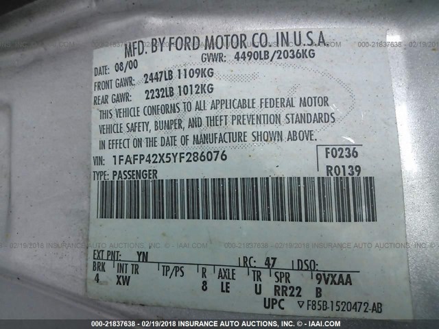 1FAFP42X5YF286076 - 2000 FORD MUSTANG GT SILVER photo 9