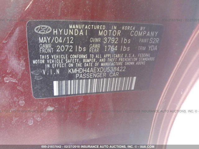 KMHDH4AEXDU538422 - 2013 HYUNDAI ELANTRA GLS/LIMITED RED photo 9