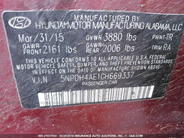 5NPDH4AE1GH669337 - 2016 HYUNDAI ELANTRA SE/SPORT/LIMITED RED photo 9