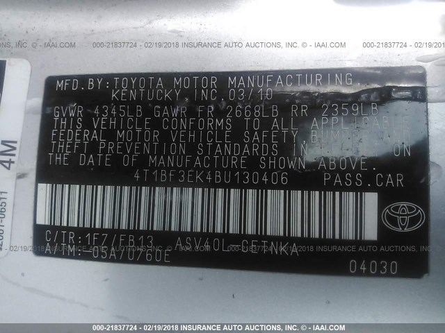 4T1BF3EK4BU130406 - 2011 TOYOTA CAMRY SE/LE/XLE ვერცხლისფერი ფოტო 9