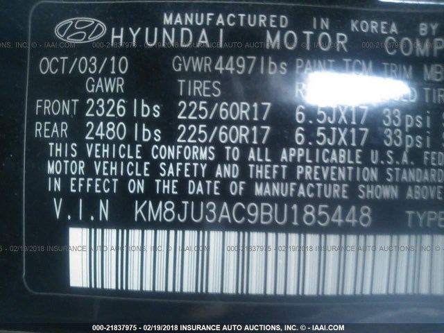 KM8JU3AC9BU185448 - 2011 HYUNDAI TUCSON GLS/LIMITED BLACK photo 9