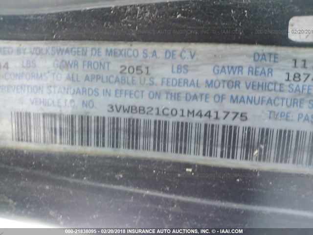 3VWBB21C01M441775 - 2001 VOLKSWAGEN NEW BEETLE GL 黑色 照片 9