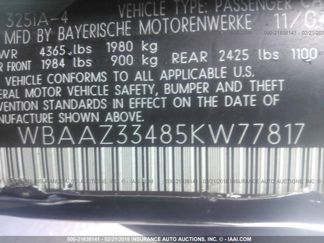 WBAAZ33485KW77817 - 2005 BMW 325 IS SULEV BLACK photo 9