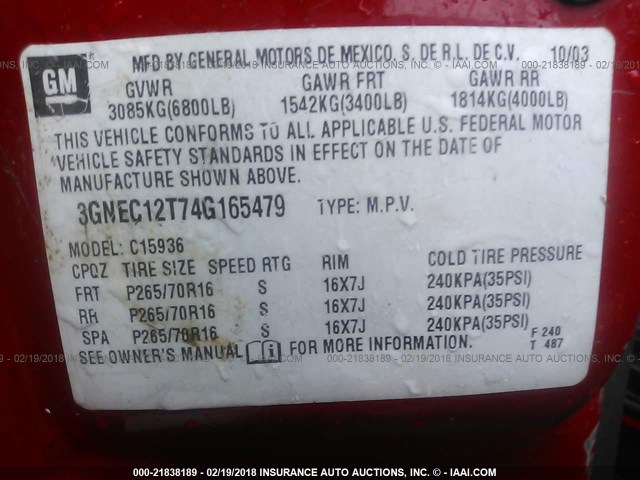 3GNEC12T74G165479 - 2004 CHEVROLET AVALANCHE C1500 RED photo 9