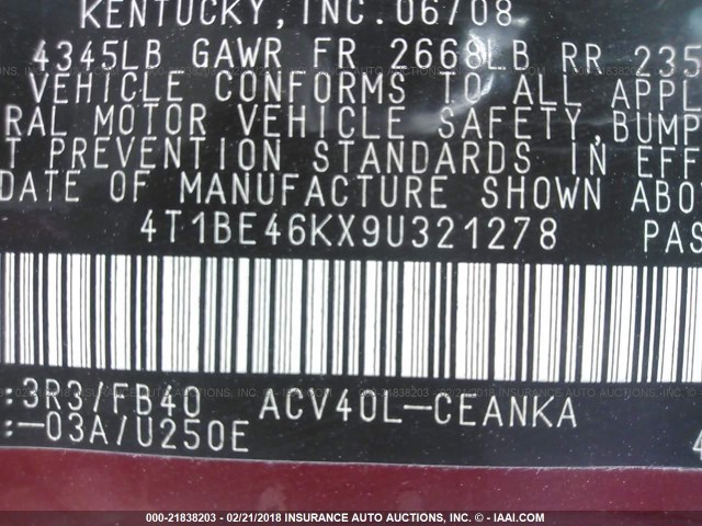 4T1BE46KX9U321278 - 2009 TOYOTA CAMRY SE/LE/XLE RED photo 9