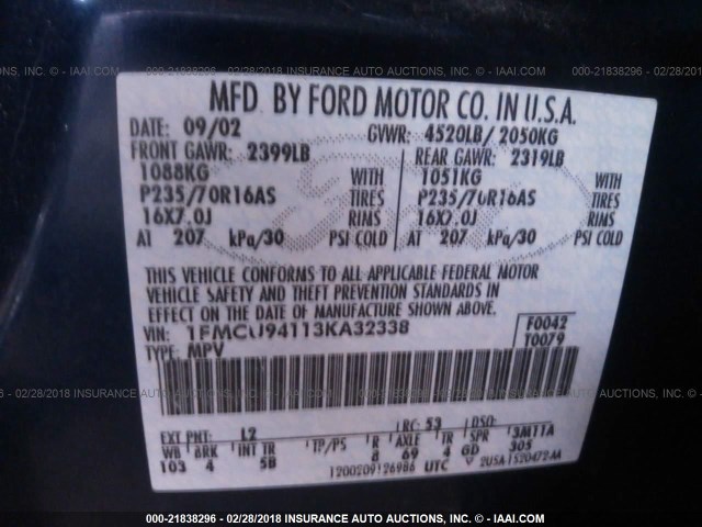 1FMCU94113KA32338 - 2003 FORD ESCAPE LIMITED Dark Blue photo 9