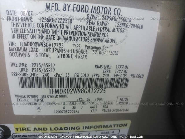 1FMDK02W98GA12725 - 2008 FORD TAURUS X SEL GOLD photo 9