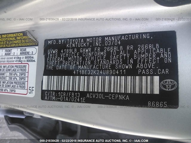 4T1BE32K24U890411 - 2004 TOYOTA CAMRY LE/XLE/SE SILVER photo 9