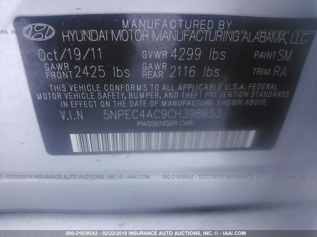 5NPEC4AC9CH398653 - 2012 HYUNDAI SONATA SE/LIMITED SILVER photo 9