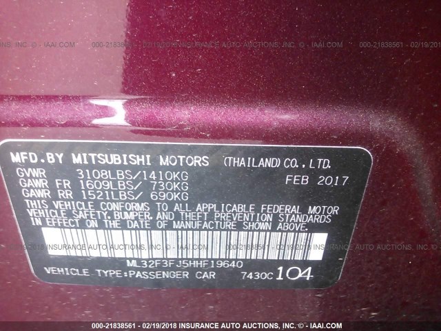 ML32F3FJ5HHF19640 - 2017 MITSUBISHI MIRAGE G4 ES ბურგუნდია ფოტო 9