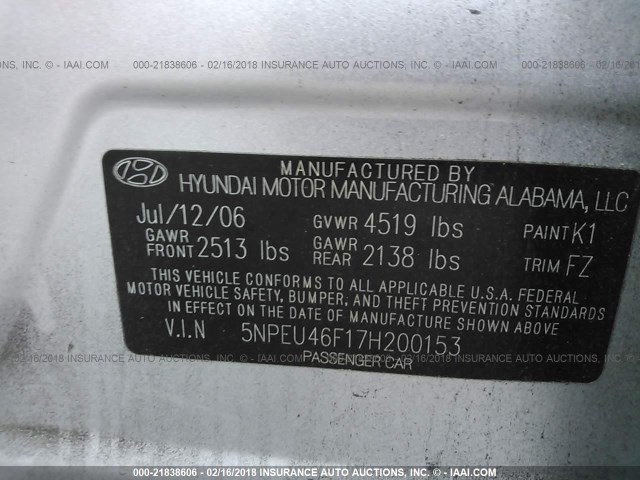 5NPEU46F17H200153 - 2007 HYUNDAI SONATA SE/LIMITED SILVER photo 9