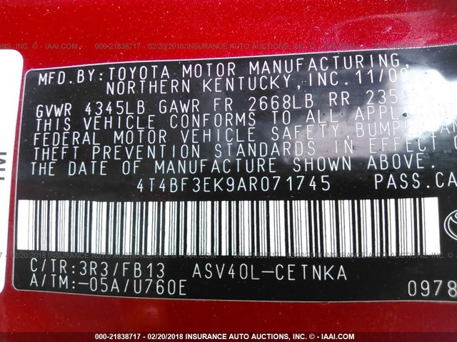 4T4BF3EK9AR071745 - 2010 TOYOTA CAMRY SE/LE/XLE RED photo 9