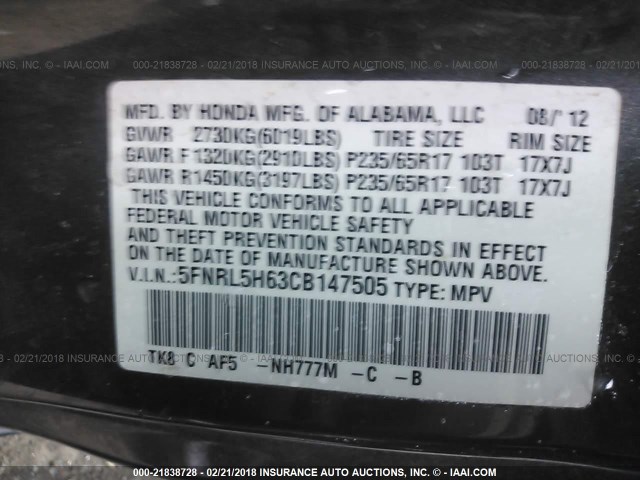 5FNRL5H63CB147505 - 2012 HONDA ODYSSEY EXL ნაცრისფერი ფოტო 9