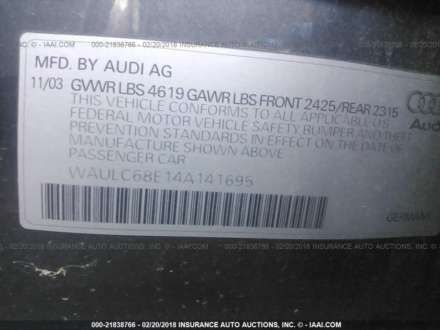 WAULC68E14A141695 - 2004 AUDI A4 1.8T QUATTRO GRAY photo 9