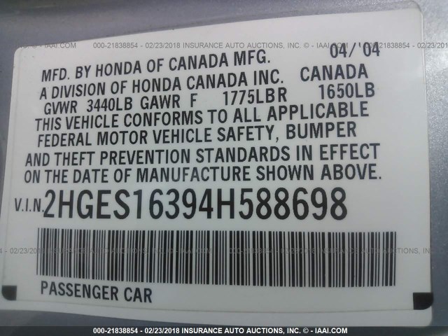 2HGES16394H588698 - 2004 HONDA CIVIC DX VP ვერცხლისფერი ფოტო 9