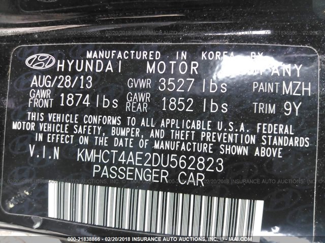 KMHCT4AE2DU562823 - 2013 HYUNDAI ACCENT GLS/GS BLACK photo 9