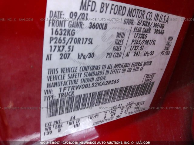 1FTRW08L52KA28565 - 2002 FORD F150 SUPERCREW RED photo 9