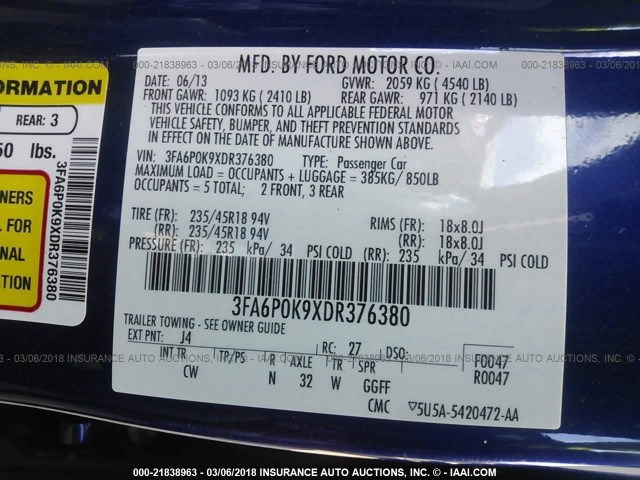 3FA6P0K9XDR376380 - 2013 FORD FUSION TITANIUM BLUE photo 9