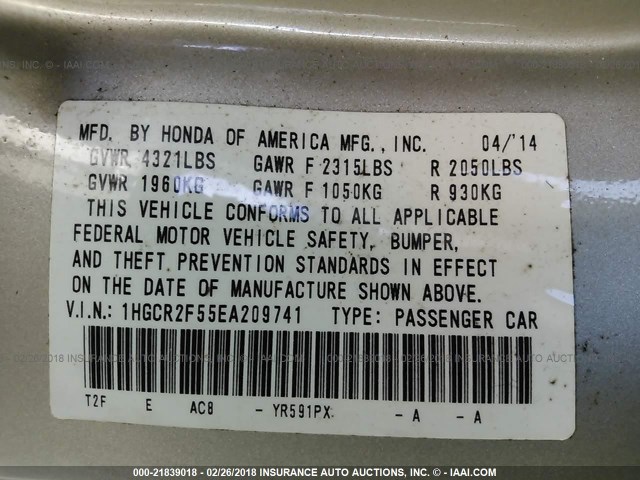 1HGCR2F55EA209741 - 2014 HONDA ACCORD SPORT Алтын фото 9