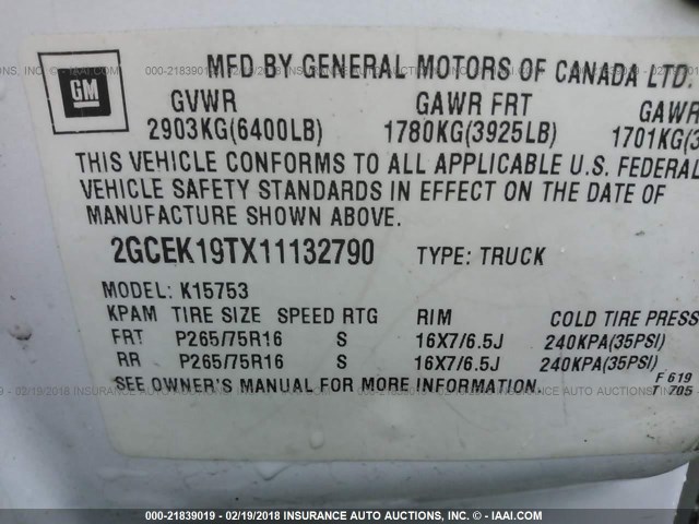 2GCEK19TX11132790 - 2001 CHEVROLET SILVERADO K1500 WHITE photo 9