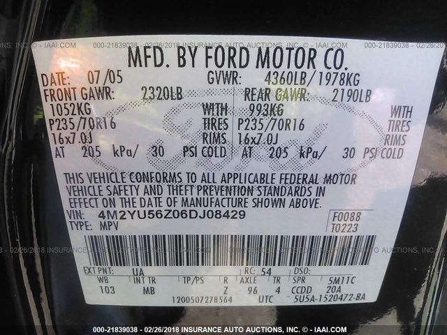 4M2YU56Z06DJ08429 - 2006 MERCURY MARINER BLACK photo 9