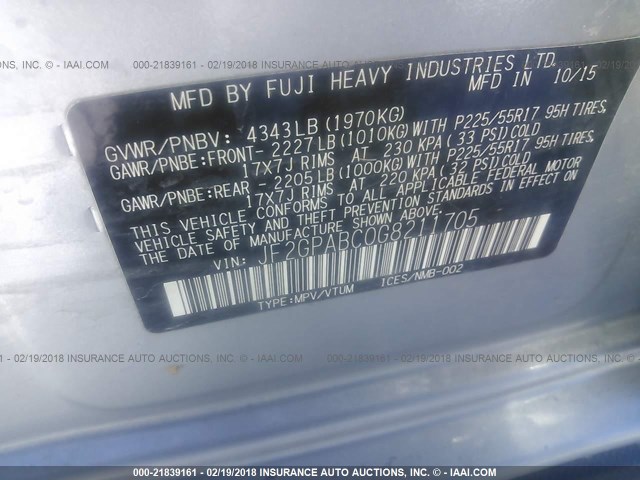 JF2GPABC0G8211705 - 2016 SUBARU CROSSTREK PREMIUM ვერცხლისფერი ფოტო 9