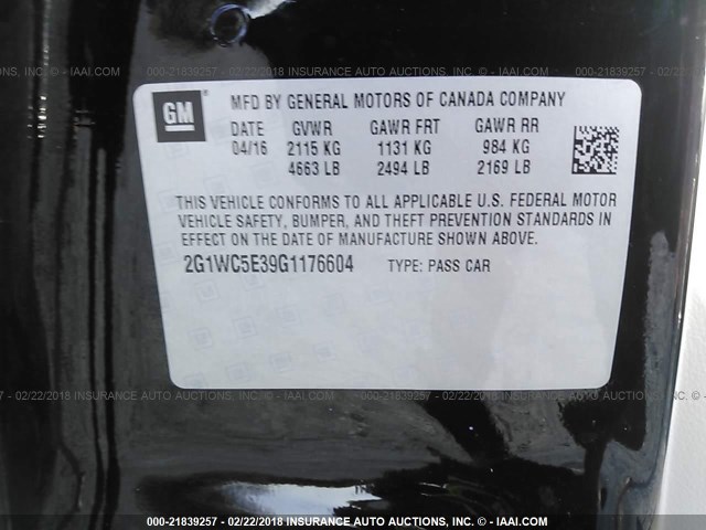 2G1WC5E39G1176604 - 2016 CHEVROLET IMPALA LIMITED LTZ BLACK photo 9