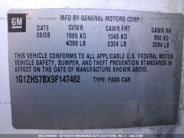 1G1ZH57BX9F147482 - 2009 CHEVROLET MALIBU 1LT 白色 照片 9