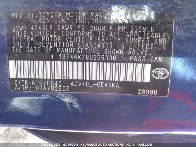4T1BE46K78U226336 - 2008 TOYOTA CAMRY CE/LE/XLE/SE BLUE photo 9