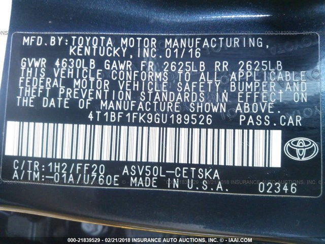 4T1BF1FK9GU189526 - 2016 TOYOTA CAMRY LE/XLE/SE/XSE BLUE photo 9