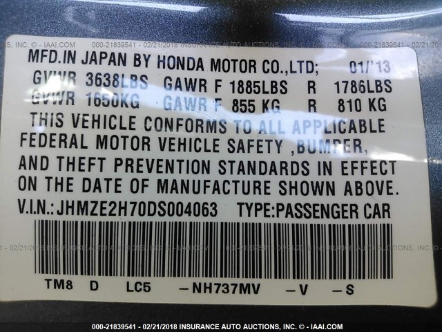 JHMZE2H70DS004063 - 2013 HONDA INSIGHT EX GRAY photo 9