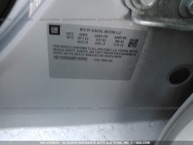 1G11C5SA0DF182860 - 2013 CHEVROLET MALIBU 1LT 银色 照片 9