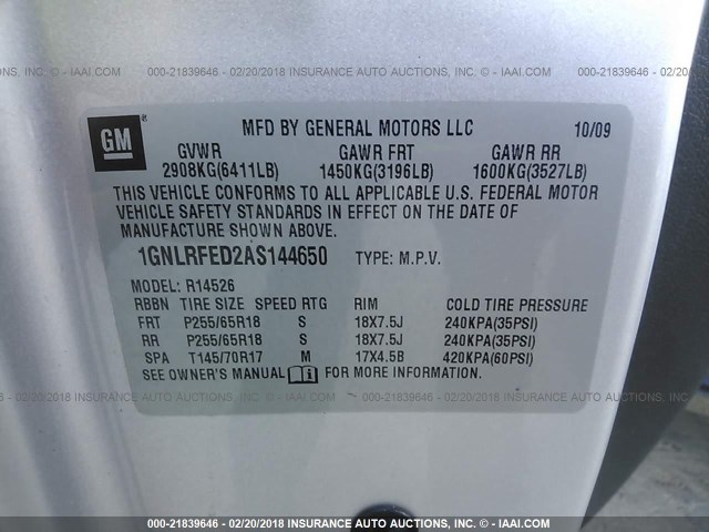 1GNLRFED2AS144650 - 2010 CHEVROLET TRAVERSE LT SILVER photo 9