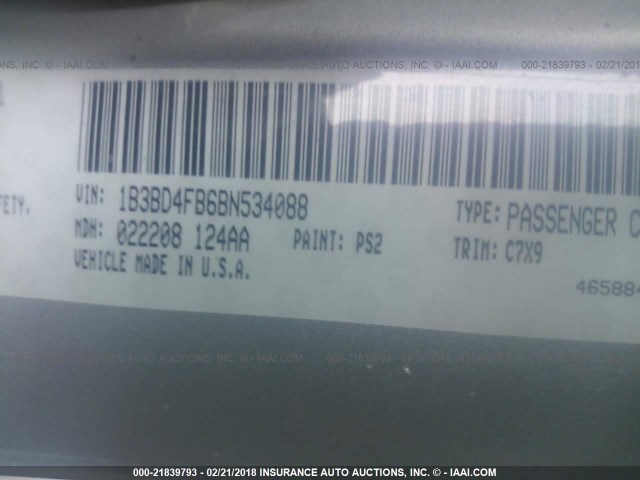 1B3BD4FB6BN534088 - 2011 DODGE AVENGER EXPRESS 银色 照片 9