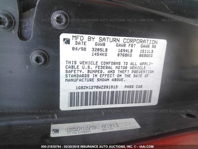 1G8ZH1278WZ291913 - 1998 SATURN SC2 RED photo 9