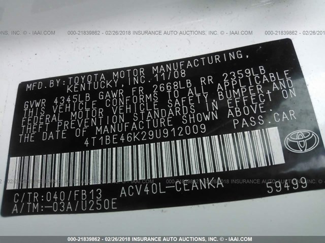 4T1BE46K29U912009 - 2009 TOYOTA CAMRY SE/LE/XLE WHITE photo 9