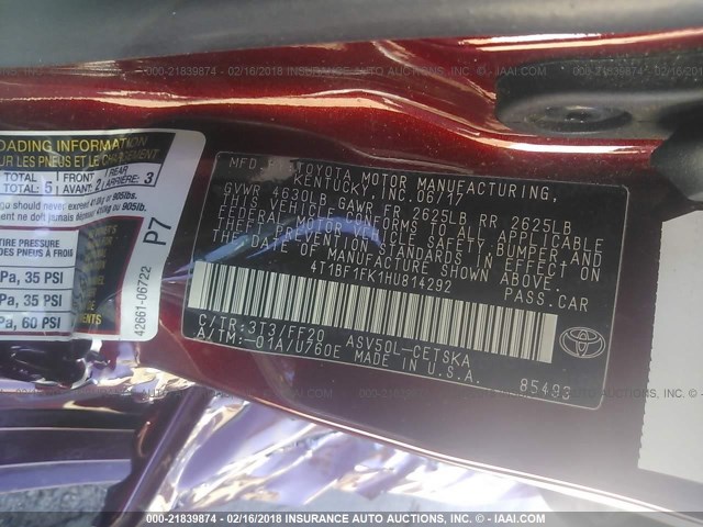 4T1BF1FK1HU814292 - 2017 TOYOTA CAMRY LE/XLE/SE/XSE RED photo 9