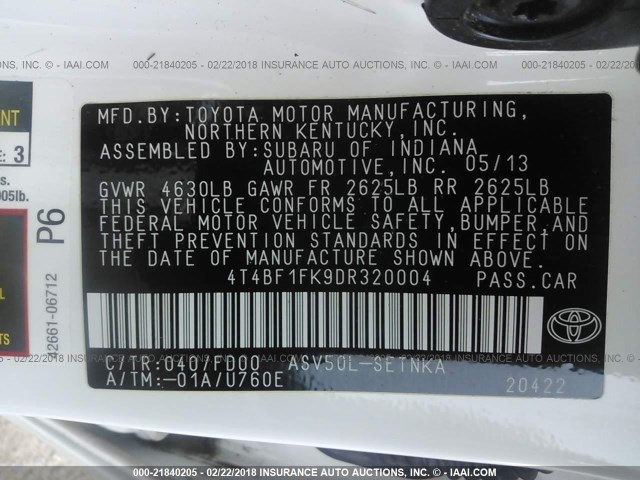 4T4BF1FK9DR320004 - 2013 TOYOTA CAMRY L/SE/LE/XLE WHITE photo 9